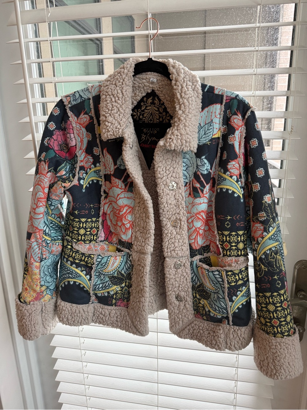 Johnny Was Multi-Color Floral Teddy Jacket with Cream Sherpa